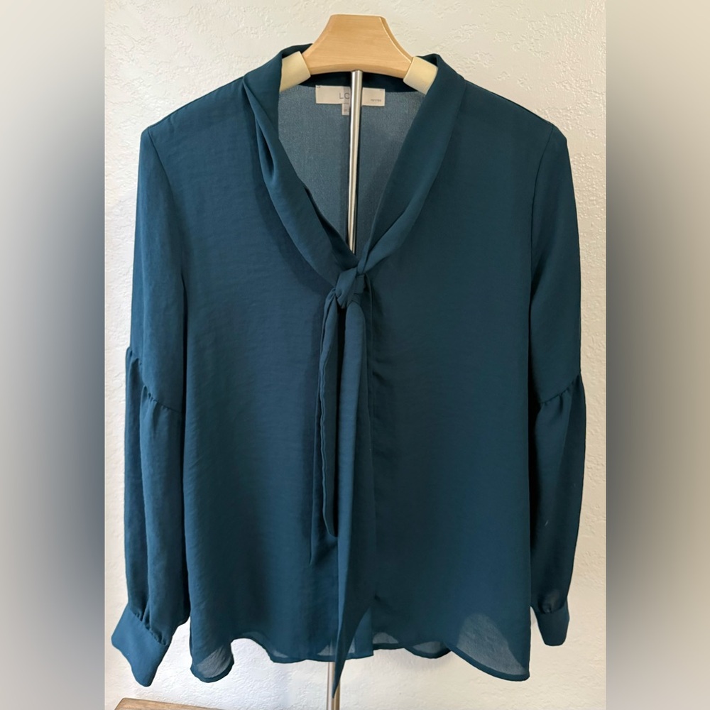 5 for $20 Deal- Loft Teal Neck Tie Long Sleeve Blouse- Size Small Petite